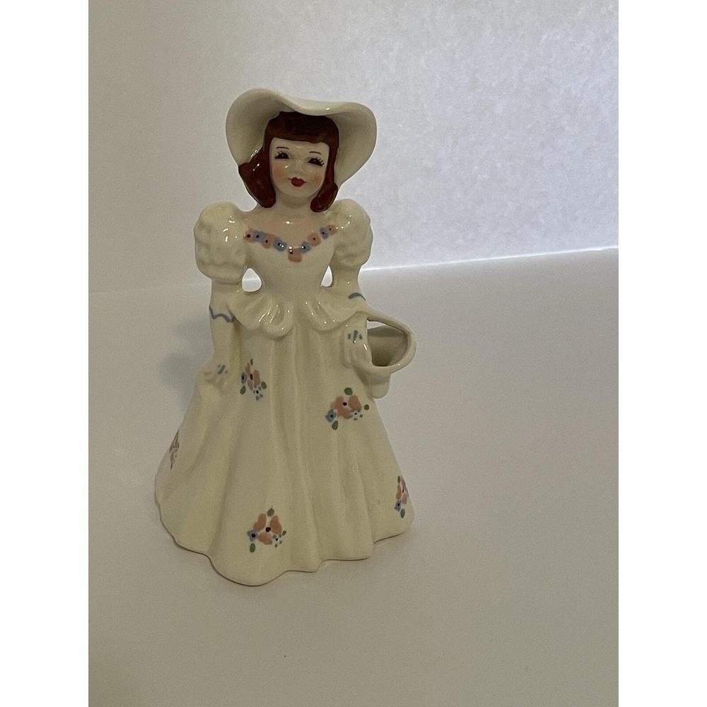 Florence Ceramics Pasadena White Blue Dress Hat Floral Girl Planter Figurine 4"